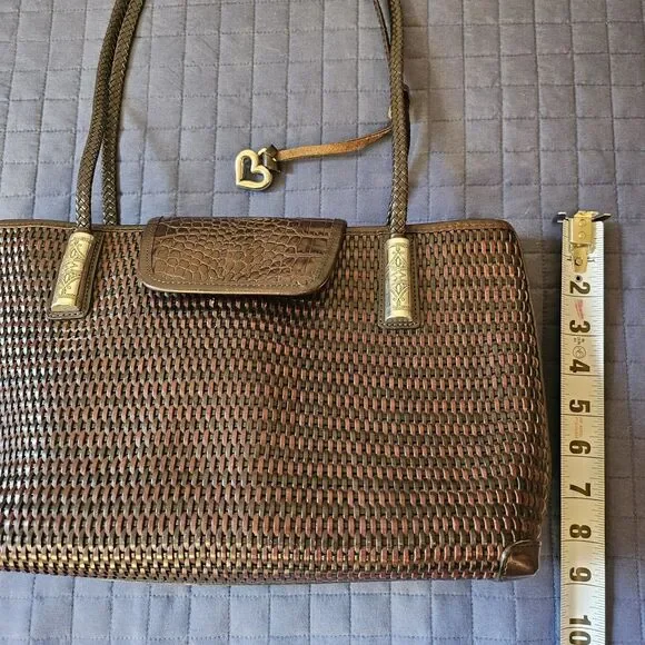 Brighton Vintage Woven Leather Tote | Brown Croc Embossed Flap | Silver Hardware - Picture 10 of 12
